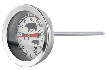 Termometru Metalic Alimentar pentru carne idealSTORE, Dimensiuni 11x5,2 cm, Analogic, Include o Tija Metalica pentru Insertie, Fara mercur, Temperatura 0-120C, Inox, Include un capac pentru Ascunderea Sondei
