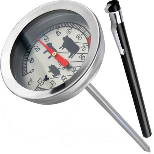 Termometru Metalic Alimentar pentru carne idealSTORE, Dimensiuni 11x5,2 cm, Analogic, Include o Tija Metalica pentru Insertie, Fara mercur, Temperatura 0-120C, Inox, Include un capac pentru Ascunderea Sondei
