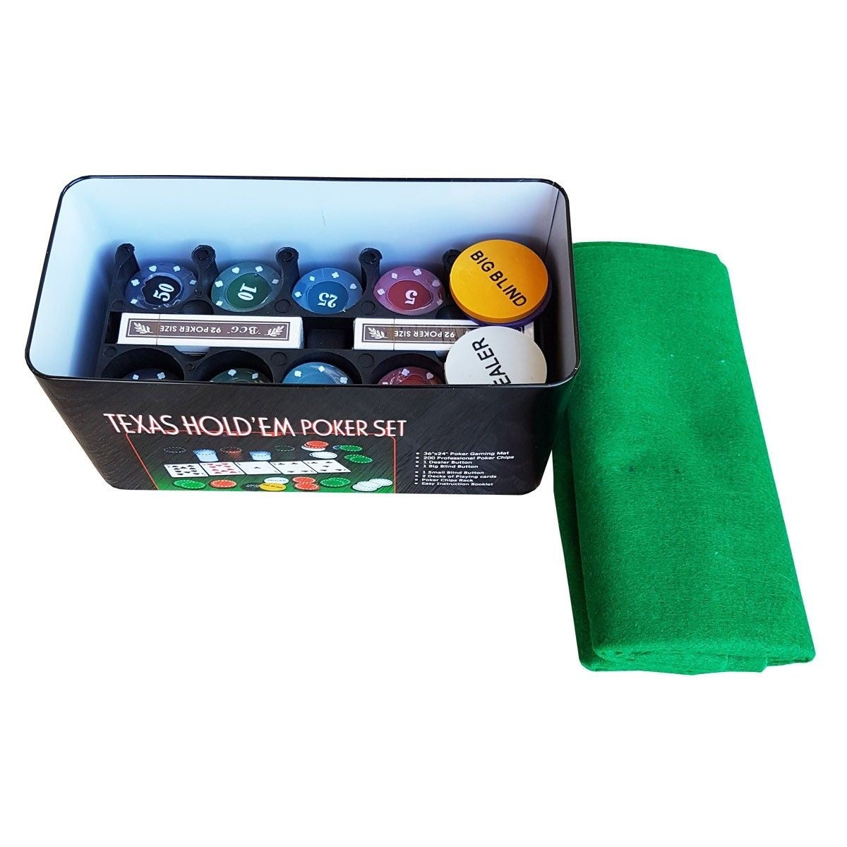 Set de Poker Complex 200 de jetoane idealSTORE, Texas Hold'em Poker Set, Echipat cu, Cutie de aluminiu, 2 Pachete de carti, Eticheta crupier, Covoras de masa pentru Poker, Jetoane Dealer, Big Blind, Small Blind