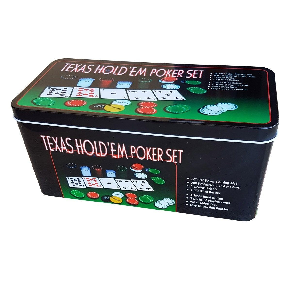 Set de Poker Complex 200 de jetoane idealSTORE, Texas Hold'em Poker Set, Echipat cu, Cutie de aluminiu, 2 Pachete de carti, Eticheta crupier, Covoras de masa pentru Poker, Jetoane Dealer, Big Blind, Small Blind