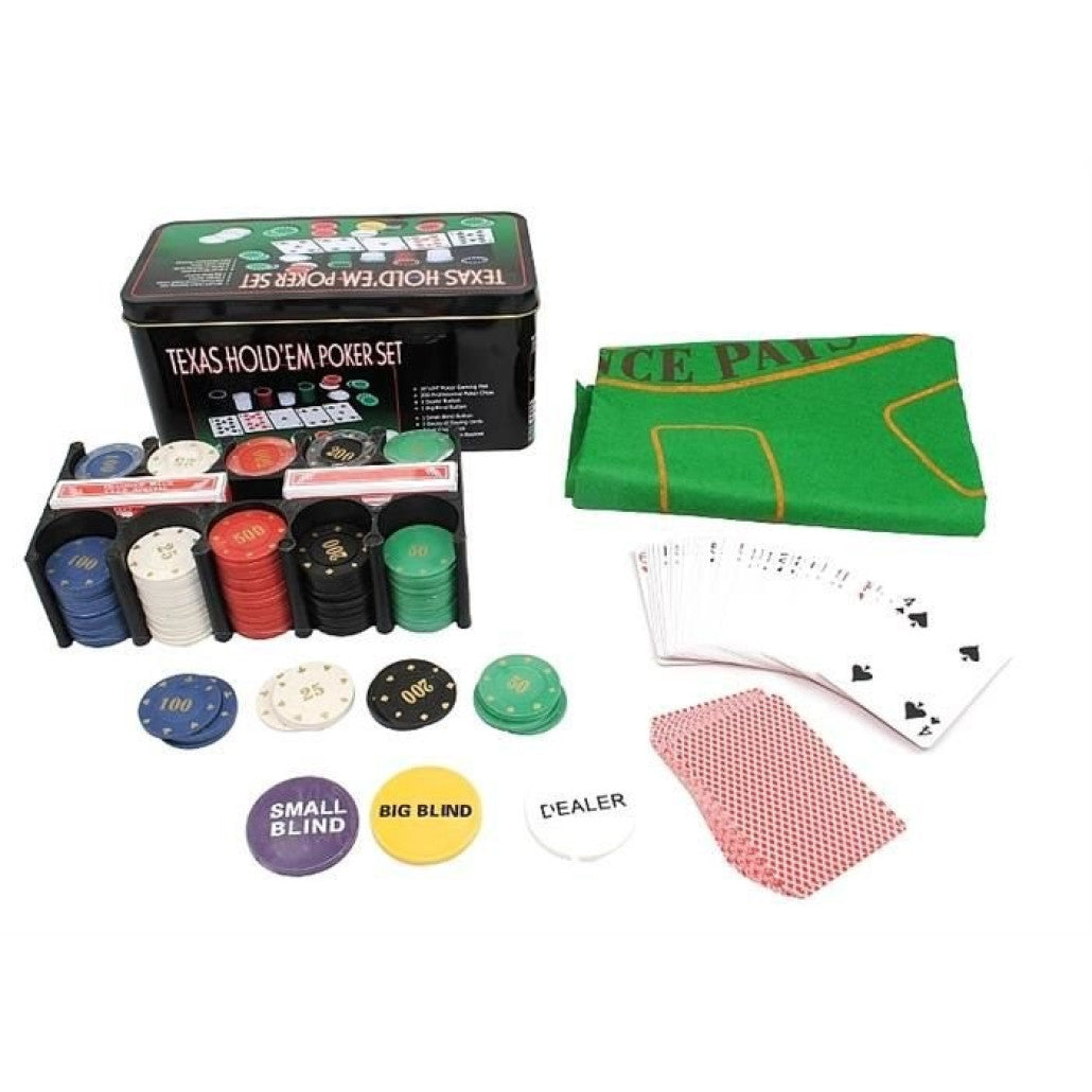Set de Poker Complex 200 de jetoane idealSTORE, Texas Hold'em Poker Set, Echipat cu, Cutie de aluminiu, 2 Pachete de carti, Eticheta crupier, Covoras de masa pentru Poker, Jetoane Dealer, Big Blind, Small Blind