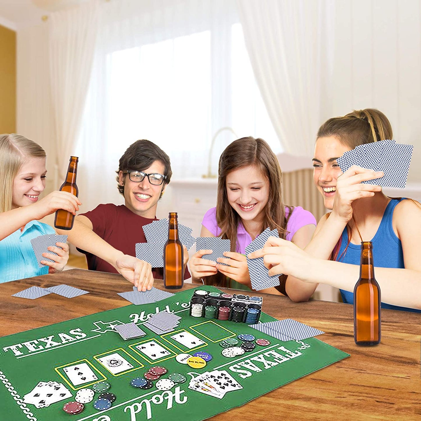 Set de Poker Complex 200 de jetoane idealSTORE, Texas Hold'em Poker Set, Echipat cu, Cutie de aluminiu, 2 Pachete de carti, Eticheta crupier, Covoras de masa pentru Poker, Jetoane Dealer, Big Blind, Small Blind