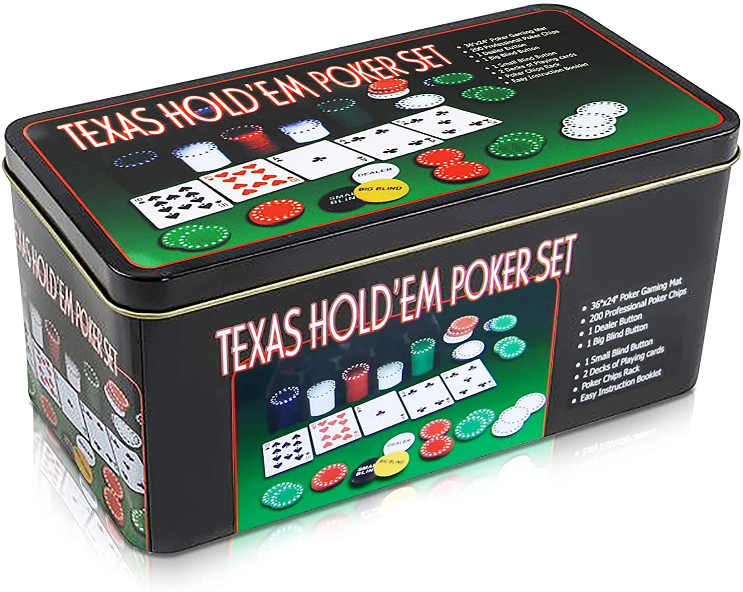 Set de Poker Complex 200 de jetoane idealSTORE, Texas Hold'em Poker Set, Echipat cu, Cutie de aluminiu, 2 Pachete de carti, Eticheta crupier, Covoras de masa pentru Poker, Jetoane Dealer, Big Blind, Small Blind