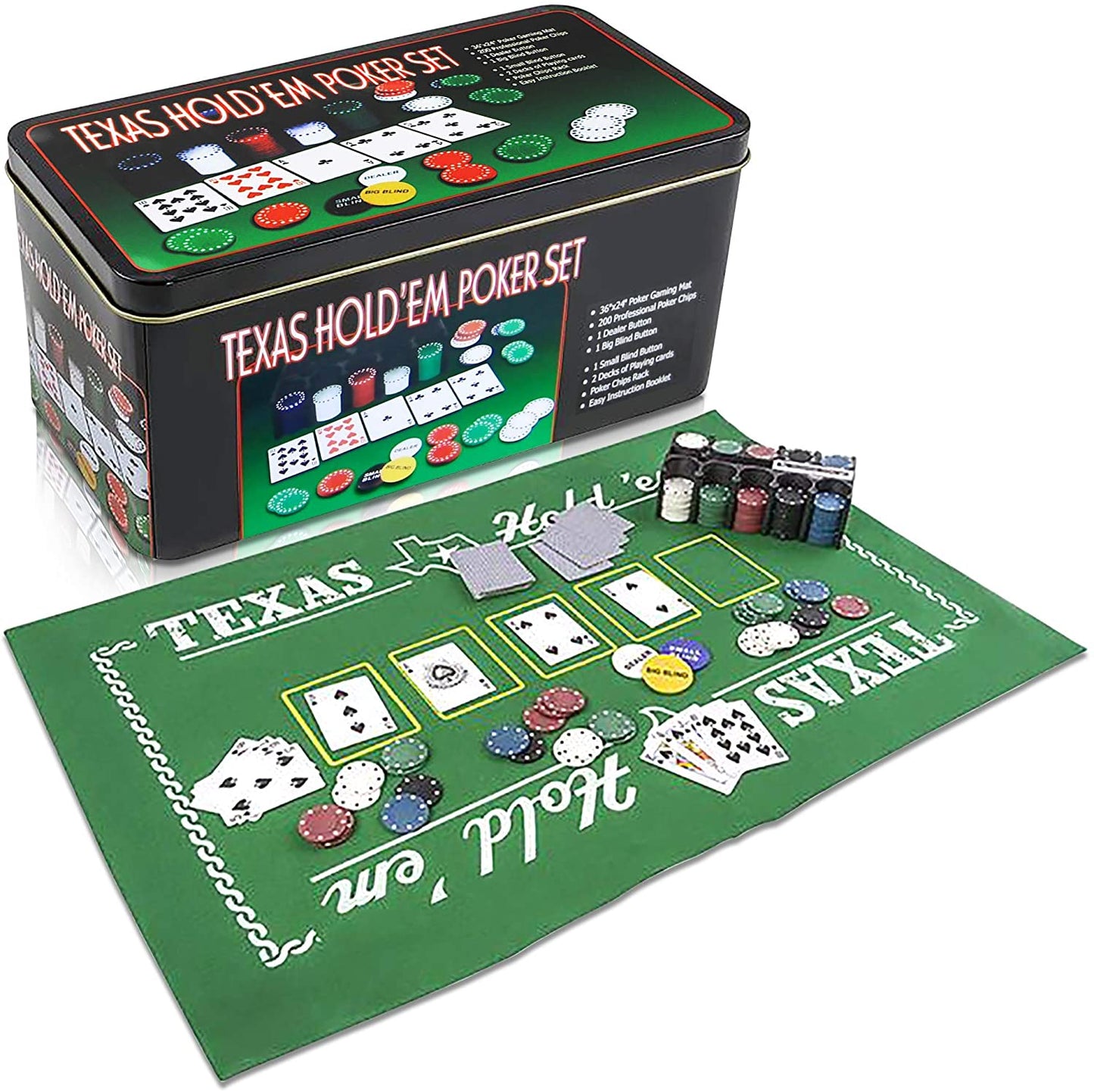 Set de Poker Complex 200 de jetoane idealSTORE, Texas Hold'em Poker Set, Echipat cu, Cutie de aluminiu, 2 Pachete de carti, Eticheta crupier, Covoras de masa pentru Poker, Jetoane Dealer, Big Blind, Small Blind