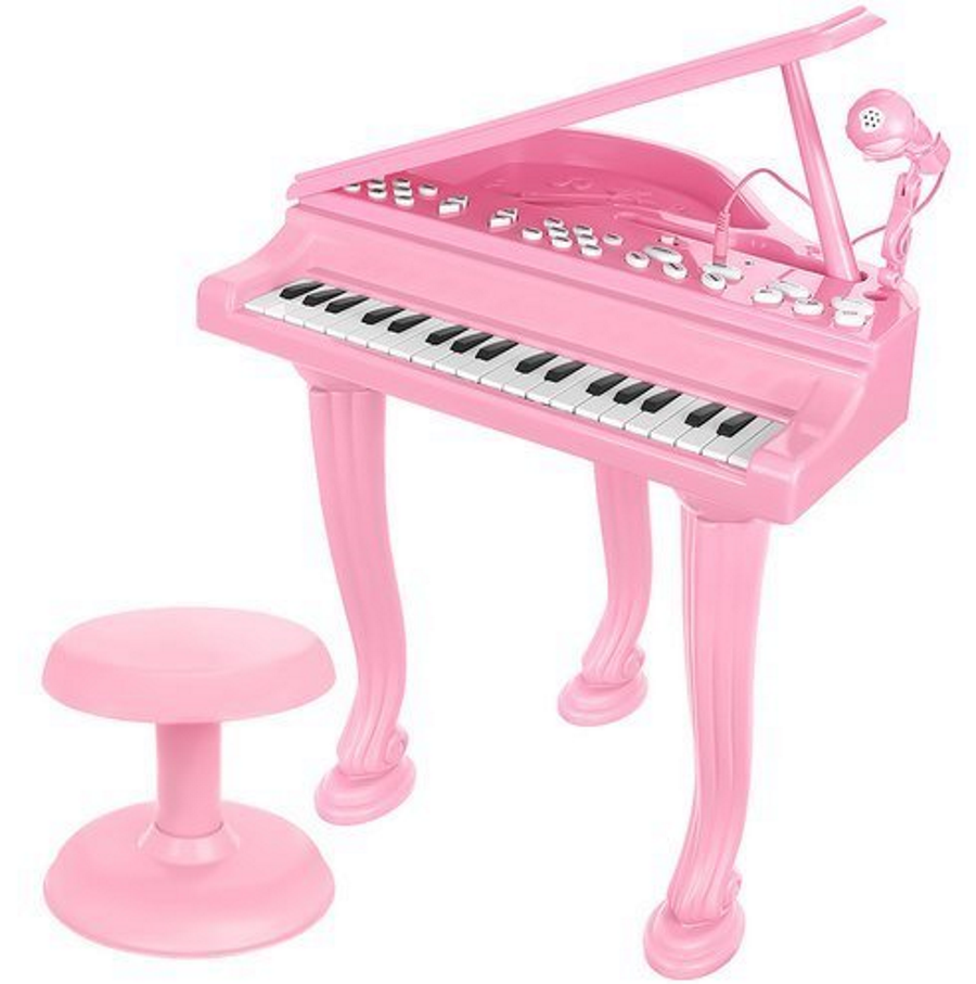 Pian electronic KnFong cu Scaun si Microfon idealSTORE, Dimensiuni 60 x 40 cm, Functie de Inregistrare, Oprire, Demonstratie, Conectare cu telefon, Include 36 de taste, Cablu auxiliar, 4 Tipuri de sunete