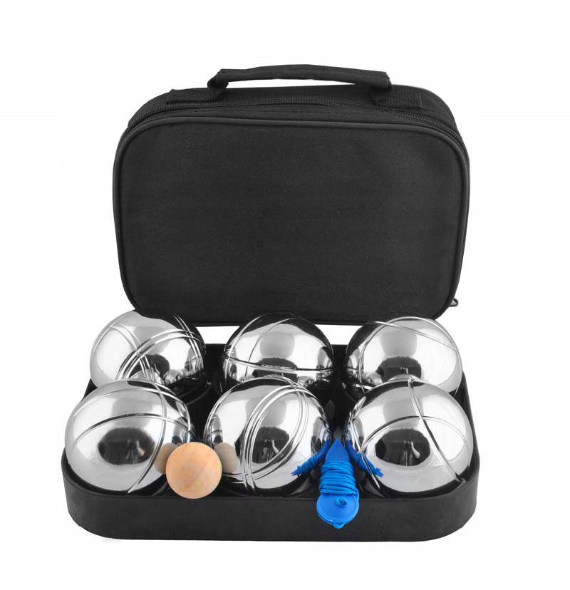 Joc Interactiv Boules idealStore, 6 Bile Cromate, 1 Minge de Referinta din Lemn, Sfoara Pentru Masurarea Distantei, Husa cu Fermoar si Maner, Pentru Toate Varstele