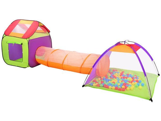 Loc de joaca 3-in-1, 375cm lungime cu protectie UV, pentru copii, multifunctional, pentru interior si exterior, casuta, tunel si cort, 200 Bile Multicolore si geanta depozitare cadou