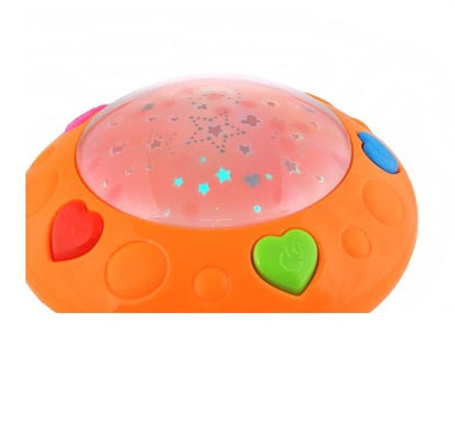 Lampa de veghe cu proiector idealSTORE Baby Dreams, Dimensiuni 16.5 x 15cm, Functie de detectare a vocii, Capacitatea de a schimba volumul, Include 12 melodii, Stimuleaza dezvoltarea abilitatilor si imbunatateste calitatea somnului