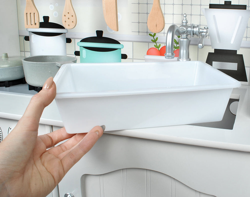 Bucatarie Alba din Lemn Pentru Copii Master Chef idealStore, Sunet si Iluminare Led, Costum de Bucatar, Accesorii pentru Gatit Incluse, Materiale de Inalta Calitate