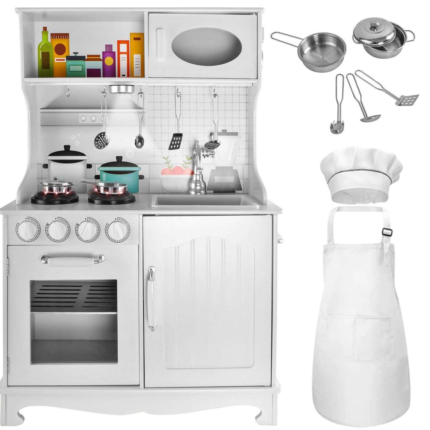 Bucatarie Alba din Lemn Pentru Copii Master Chef idealStore, Sunet si Iluminare Led, Costum de Bucatar, Accesorii pentru Gatit Incluse, Materiale de Inalta Calitate