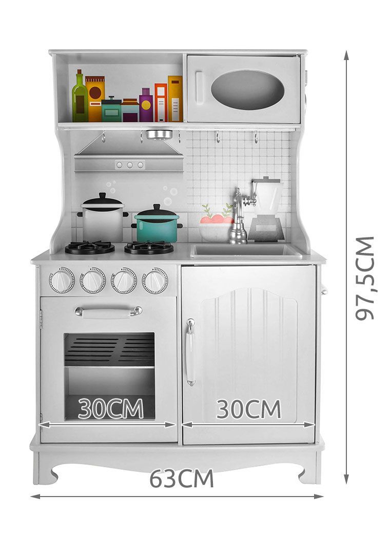 Bucatarie Alba din Lemn Pentru Copii Master Chef idealStore, Sunet si Iluminare Led, Costum de Bucatar, Accesorii pentru Gatit Incluse, Materiale de Inalta Calitate