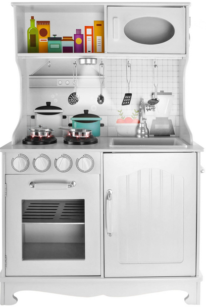 Bucatarie Alba din Lemn Pentru Copii Master Chef idealStore, Sunet si Iluminare Led, Costum de Bucatar, Accesorii pentru Gatit Incluse, Materiale de Inalta Calitate