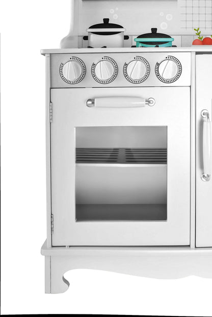 Bucatarie Alba din Lemn Pentru Copii Master Chef idealStore, Sunet si Iluminare Led, Costum de Bucatar, Accesorii pentru Gatit Incluse, Materiale de Inalta Calitate