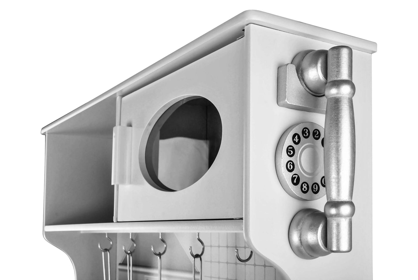 Bucatarie Alba din Lemn Pentru Copii Master Chef idealStore, Sunet si Iluminare Led, Costum de Bucatar, Accesorii pentru Gatit Incluse, Materiale de Inalta Calitate