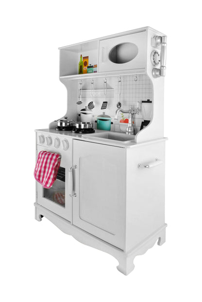 Bucatarie Alba din Lemn Pentru Copii Master Chef idealStore, Sunet si Iluminare Led, Costum de Bucatar, Accesorii pentru Gatit Incluse, Materiale de Inalta Calitate