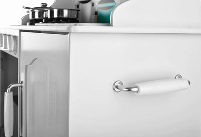 Bucatarie Alba din Lemn Pentru Copii Master Chef idealStore, Sunet si Iluminare Led, Costum de Bucatar, Accesorii pentru Gatit Incluse, Materiale de Inalta Calitate