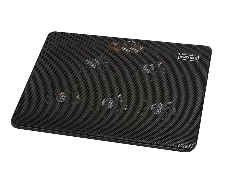 Cooler Laptop idealSTORE DEEP BLACK VIBE, Dimensiuni 26 x 36 x 2-4cm, Accesorizat cu 5 ventilatoare si iluminare LED ce permite o racire uniforma a intregului echipament, Nivel de zgmot scazut, Alimentare USB