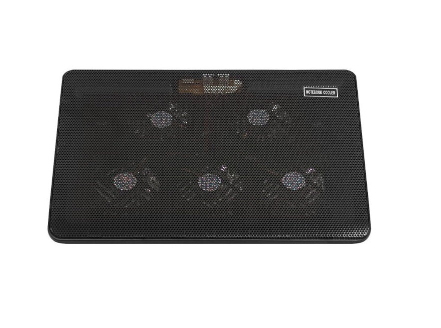 Cooler Laptop idealSTORE DEEP BLACK VIBE, Dimensiuni 26 x 36 x 2-4cm, Accesorizat cu 5 ventilatoare si iluminare LED ce permite o racire uniforma a intregului echipament, Nivel de zgmot scazut, Alimentare USB
