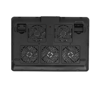 Cooler Laptop idealSTORE DEEP BLACK VIBE, Dimensiuni 26 x 36 x 2-4cm, Accesorizat cu 5 ventilatoare si iluminare LED ce permite o racire uniforma a intregului echipament, Nivel de zgmot scazut, Alimentare USB