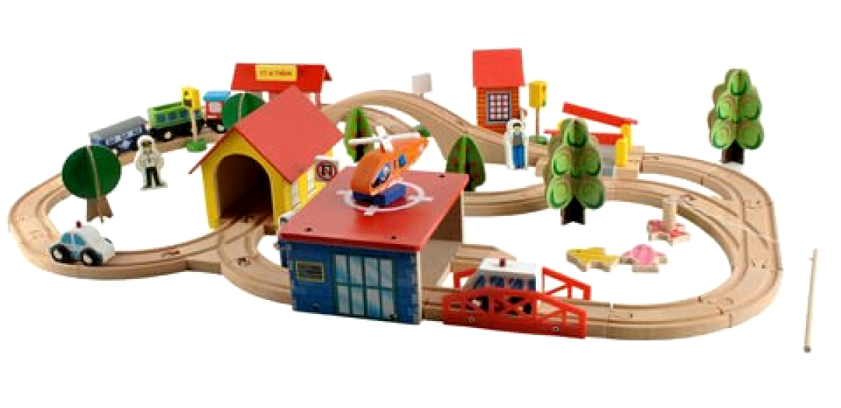 Circuit Trenulet din Lemn Natural The Passenger Train idealSTORE, Setul include Heliport, Depou, Pesti, Oameni, Masini, Copaci, Semne de Circulatie, Lokomotiva, Elicopter, Piese Robuste din lemn