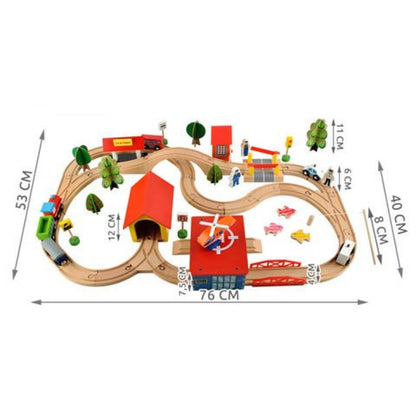 Circuit Trenulet din Lemn Natural The Passenger Train idealSTORE, Setul include Heliport, Depou, Pesti, Oameni, Masini, Copaci, Semne de Circulatie, Lokomotiva, Elicopter, Piese Robuste din lemn