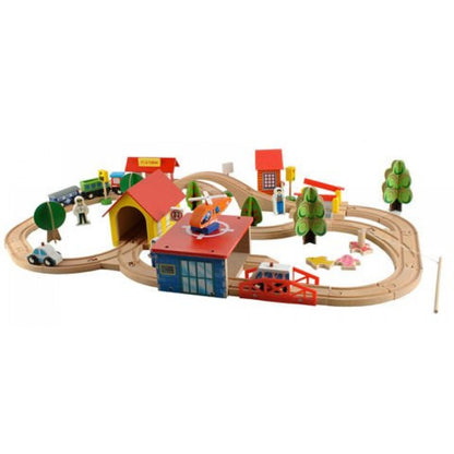 Circuit Trenulet din Lemn Natural The Passenger Train idealSTORE, Setul include Heliport, Depou, Pesti, Oameni, Masini, Copaci, Semne de Circulatie, Lokomotiva, Elicopter, Piese Robuste din lemn