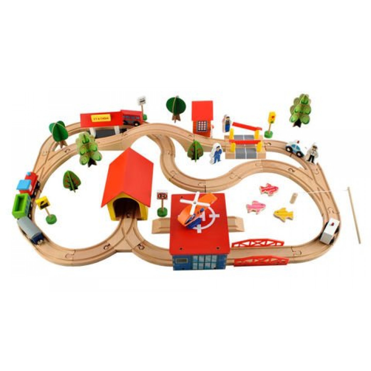 Circuit Trenulet din Lemn Natural The Passenger Train idealSTORE, Setul include Heliport, Depou, Pesti, Oameni, Masini, Copaci, Semne de Circulatie, Lokomotiva, Elicopter, Piese Robuste din lemn