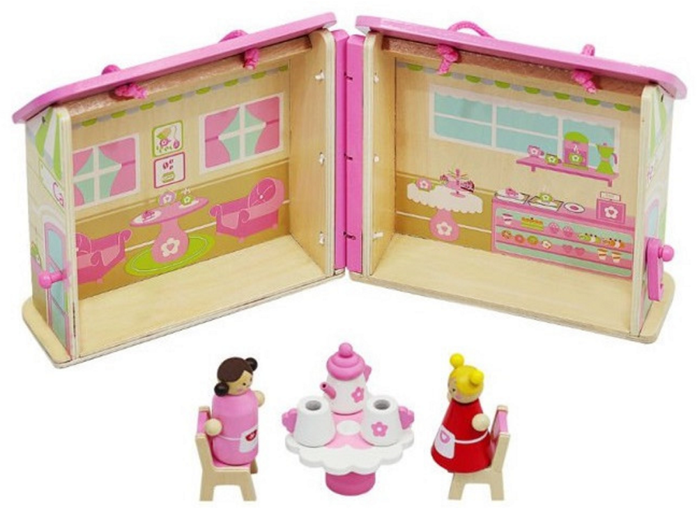 Set Mini Casuta de Papusi Pliabila idealSTORE, Candy Caffe Bar, Dimensiuni 19 x 16 x 25.5 cm, Echipata cu 8 elemente sub forma de figurine, masa, scaune, ceainic si cupe, Utilizare creativa
