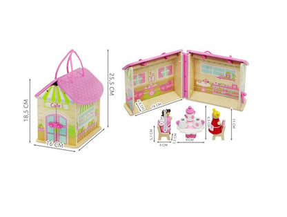 Set Mini Casuta de Papusi Pliabila idealSTORE, Candy Caffe Bar, Dimensiuni 19 x 16 x 25.5 cm, Echipata cu 8 elemente sub forma de figurine, masa, scaune, ceainic si cupe, Utilizare creativa