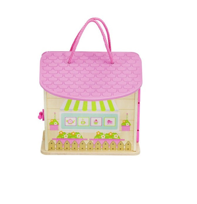 Set Mini Casuta de Papusi Pliabila idealSTORE, Candy Caffe Bar, Dimensiuni 19 x 16 x 25.5 cm, Echipata cu 8 elemente sub forma de figurine, masa, scaune, ceainic si cupe, Utilizare creativa