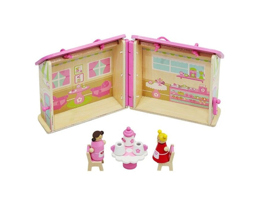 Set Mini Casuta de Papusi Pliabila idealSTORE, Candy Caffe Bar, Dimensiuni 19 x 16 x 25.5 cm, Echipata cu 8 elemente sub forma de figurine, masa, scaune, ceainic si cupe, Utilizare creativa