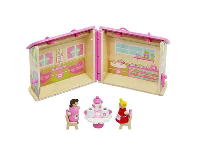 Set Mini Casuta de Papusi Pliabila idealSTORE, Candy Caffe Bar, Dimensiuni 19 x 16 x 25.5 cm, Echipata cu 8 elemente sub forma de figurine, masa, scaune, ceainic si cupe, Utilizare creativa