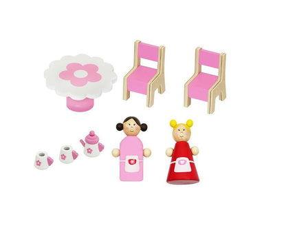 Set Mini Casuta de Papusi Pliabila idealSTORE, Candy Caffe Bar, Dimensiuni 19 x 16 x 25.5 cm, Echipata cu 8 elemente sub forma de figurine, masa, scaune, ceainic si cupe, Utilizare creativa
