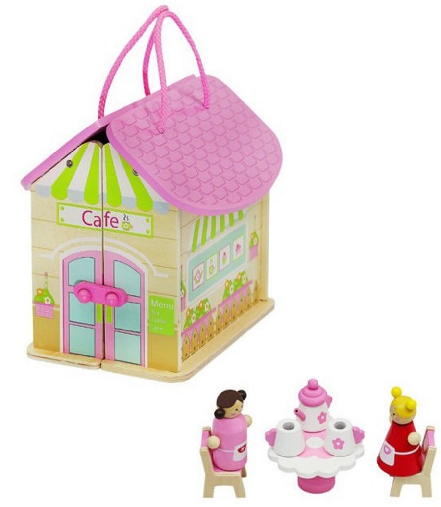 Set Mini Casuta de Papusi Pliabila idealSTORE, Candy Caffe Bar, Dimensiuni 19 x 16 x 25.5 cm, Echipata cu 8 elemente sub forma de figurine, masa, scaune, ceainic si cupe, Utilizare creativa