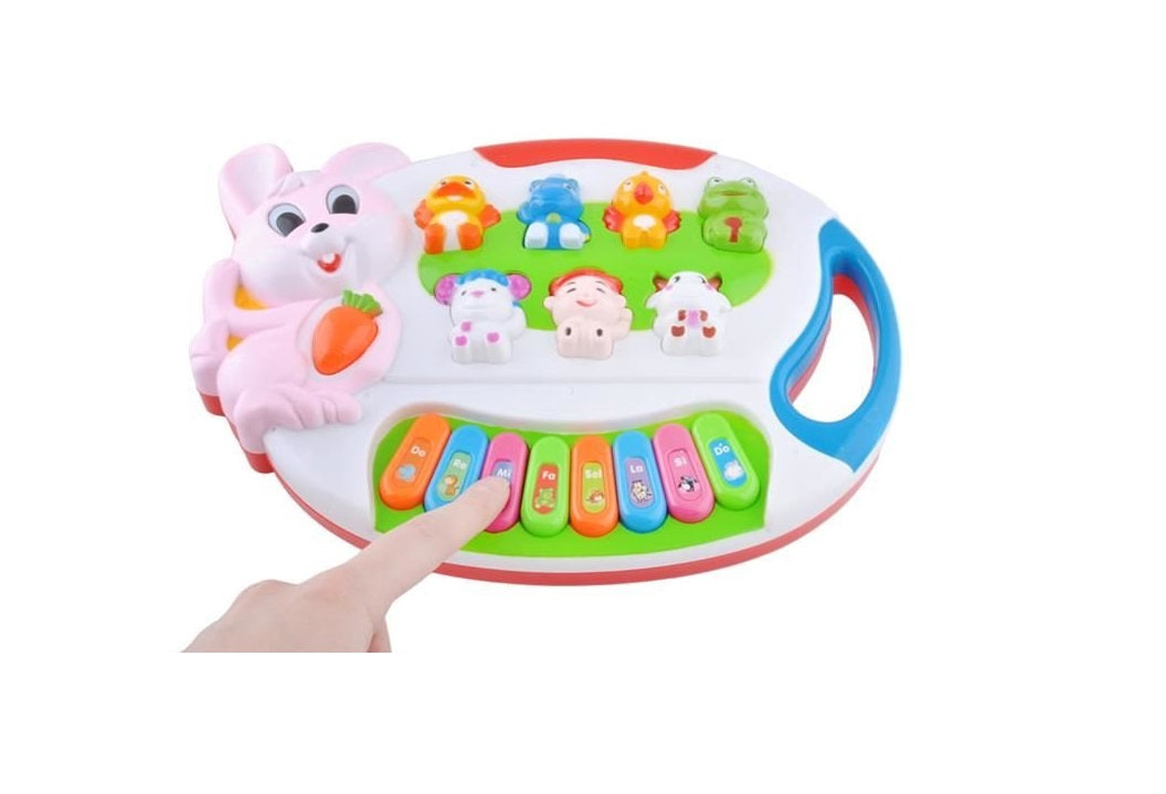Pian Muzical interactiv, Iepurasul Bunny, Echipat cu jocuri de lumini si sunete in limba engleza, Culorile pline de viata cu animale atrag atentia micutilor, Stimuleaza imaginatia copiilor mici si genereaza mult interes, Multicolor