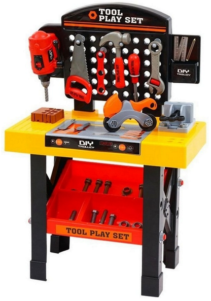 Banc de lucru pentru copii The Little Master idealSTORE, Dimensiuni 75 x 50 cm, Include Burghiu manual, Cheie, Menghina, Rafturi, Fierastrau si multe alte accesorii, Dezvolta abilitati manuale ale copilului, Culoare Portocaliu-Negru