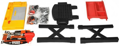 Banc de lucru pentru copii The Little Master idealSTORE, Dimensiuni 75 x 50 cm, Include Burghiu manual, Cheie, Menghina, Rafturi, Fierastrau si multe alte accesorii, Dezvolta abilitati manuale ale copilului, Culoare Portocaliu-Negru