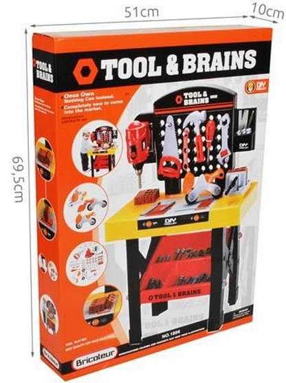 Banc de lucru pentru copii The Little Master idealSTORE, Dimensiuni 75 x 50 cm, Include Burghiu manual, Cheie, Menghina, Rafturi, Fierastrau si multe alte accesorii, Dezvolta abilitati manuale ale copilului, Culoare Portocaliu-Negru