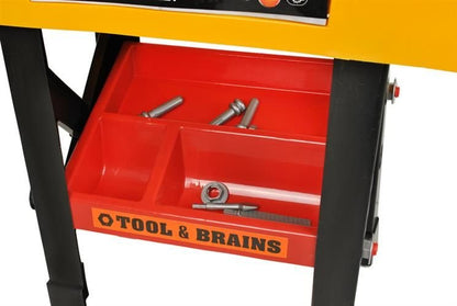Banc de lucru pentru copii The Little Master idealSTORE, Dimensiuni 75 x 50 cm, Include Burghiu manual, Cheie, Menghina, Rafturi, Fierastrau si multe alte accesorii, Dezvolta abilitati manuale ale copilului, Culoare Portocaliu-Negru