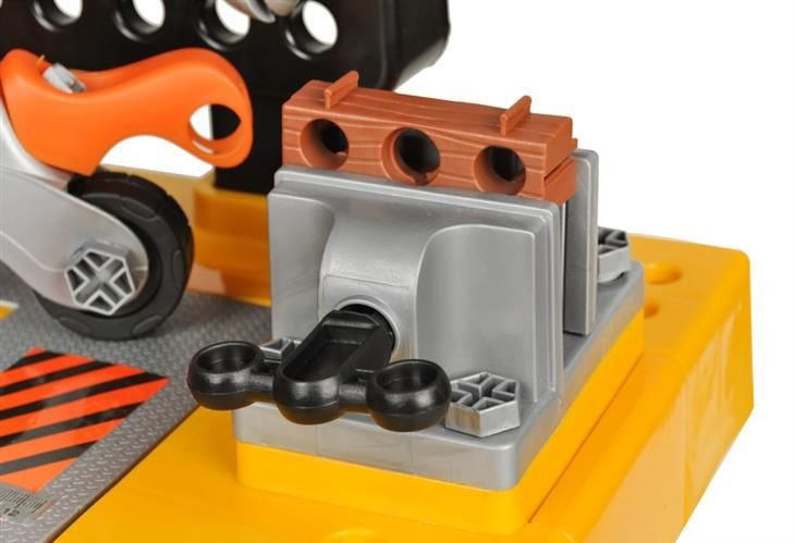 Banc de lucru pentru copii The Little Master idealSTORE, Dimensiuni 75 x 50 cm, Include Burghiu manual, Cheie, Menghina, Rafturi, Fierastrau si multe alte accesorii, Dezvolta abilitati manuale ale copilului, Culoare Portocaliu-Negru