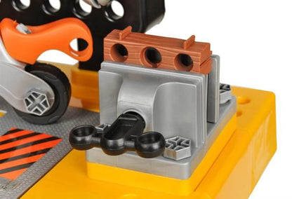 Banc de lucru pentru copii The Little Master idealSTORE, Dimensiuni 75 x 50 cm, Include Burghiu manual, Cheie, Menghina, Rafturi, Fierastrau si multe alte accesorii, Dezvolta abilitati manuale ale copilului, Culoare Portocaliu-Negru