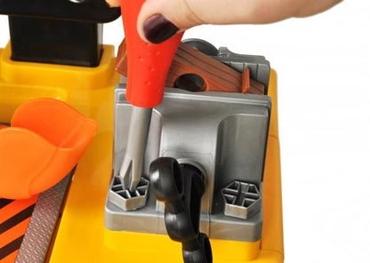 Banc de lucru pentru copii The Little Master idealSTORE, Dimensiuni 75 x 50 cm, Include Burghiu manual, Cheie, Menghina, Rafturi, Fierastrau si multe alte accesorii, Dezvolta abilitati manuale ale copilului, Culoare Portocaliu-Negru