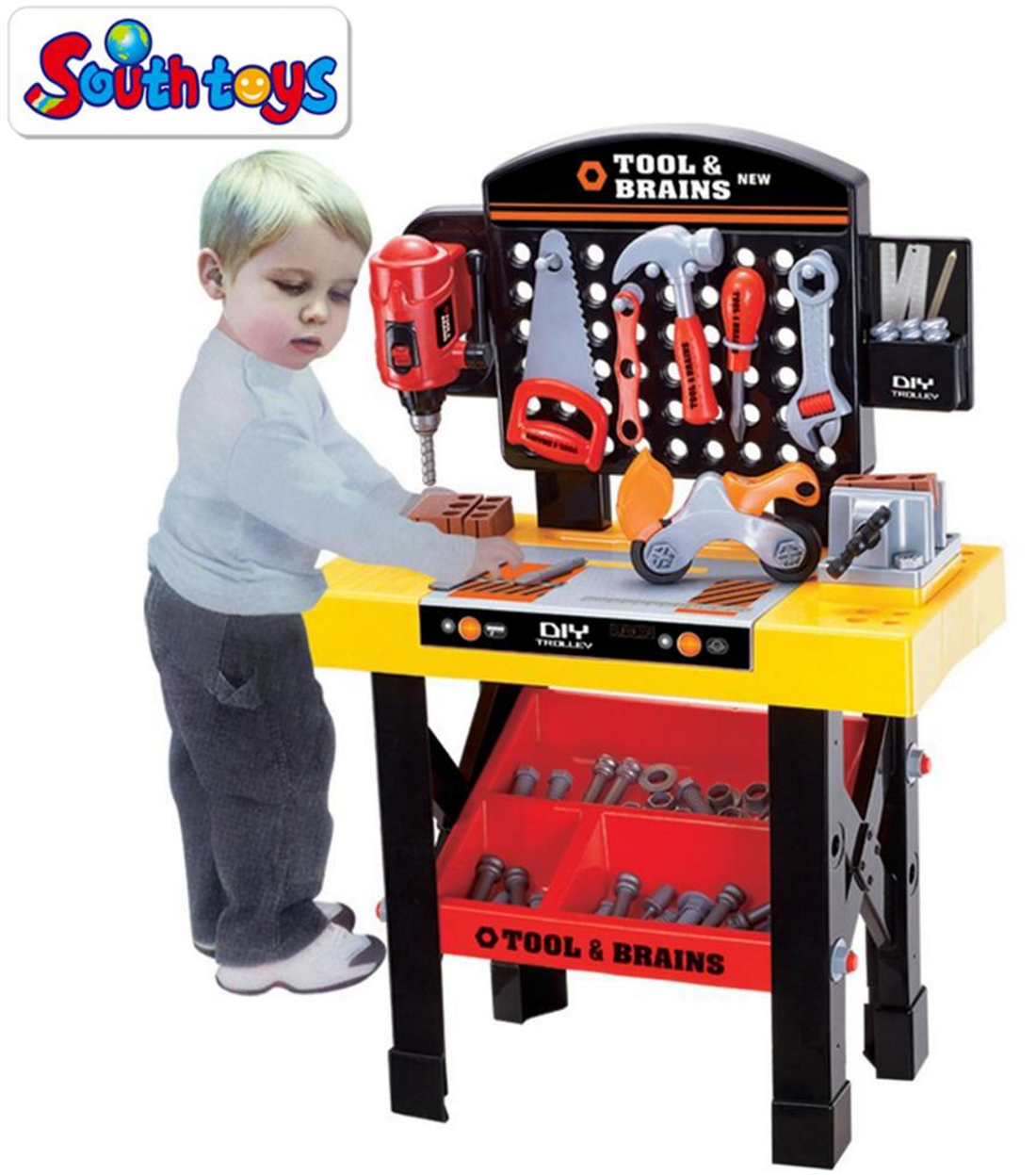 Banc de lucru pentru copii The Little Master idealSTORE, Dimensiuni 75 x 50 cm, Include Burghiu manual, Cheie, Menghina, Rafturi, Fierastrau si multe alte accesorii, Dezvolta abilitati manuale ale copilului, Culoare Portocaliu-Negru