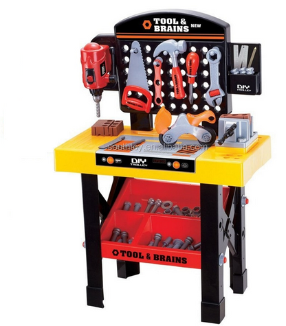 Banc de lucru pentru copii The Little Master idealSTORE, Dimensiuni 75 x 50 cm, Include Burghiu manual, Cheie, Menghina, Rafturi, Fierastrau si multe alte accesorii, Dezvolta abilitati manuale ale copilului, Culoare Portocaliu-Negru