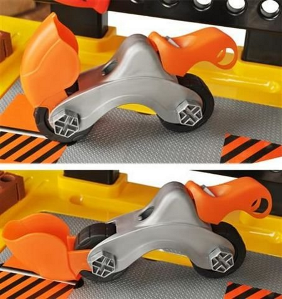 Banc de lucru pentru copii The Little Master idealSTORE, Dimensiuni 75 x 50 cm, Include Burghiu manual, Cheie, Menghina, Rafturi, Fierastrau si multe alte accesorii, Dezvolta abilitati manuale ale copilului, Culoare Portocaliu-Negru