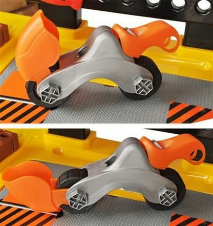 Banc de lucru pentru copii The Little Master idealSTORE, Dimensiuni 75 x 50 cm, Include Burghiu manual, Cheie, Menghina, Rafturi, Fierastrau si multe alte accesorii, Dezvolta abilitati manuale ale copilului, Culoare Portocaliu-Negru