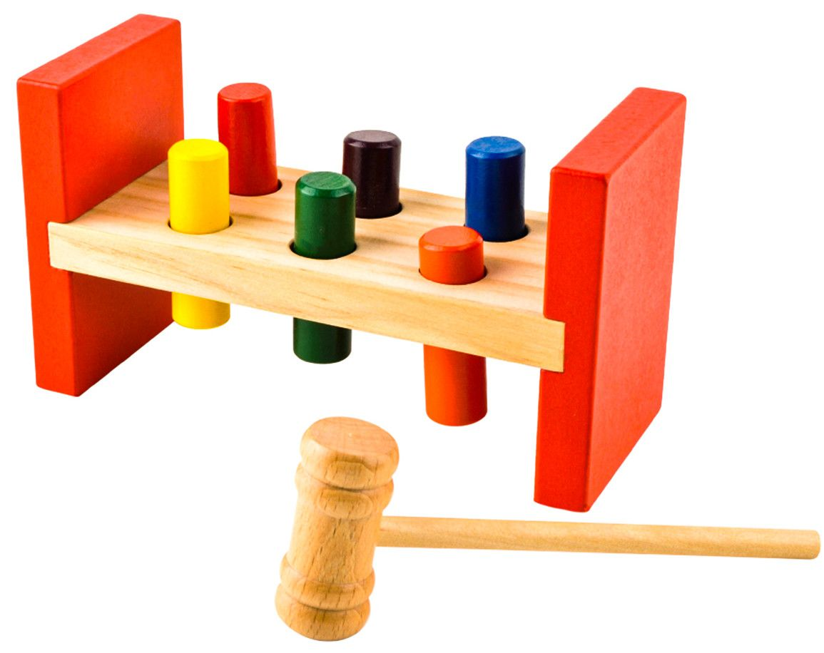 Joc de lemn Educational idealSTORE, Dimensiuni 17.7 x 7 x 10 cm, Dezvolta mobilitatea manilior si coordonarea mana-ochi, Echipat cu 6 blocuri colorate ce atrag atentia