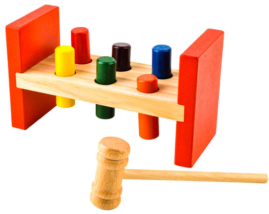 Joc de lemn Educational idealSTORE, Dimensiuni 17.7 x 7 x 10 cm, Dezvolta mobilitatea manilior si coordonarea mana-ochi, Echipat cu 6 blocuri colorate ce atrag atentia