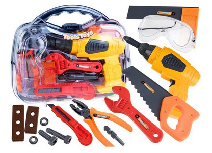 Mini valiza de scule THE LITTLE BUILDER idealSTORE, Dimensiuni 28 x 24 x 9 cm, Include cleste, cutit, cheie, suruburi si alte unele de bricolaj, Ajuta la dezvoltarea abilitatilor manuale