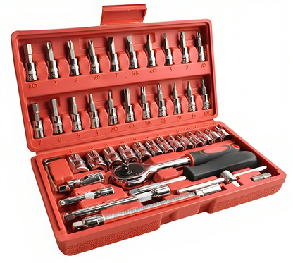 Set Profesional pentru Insurubat idealSTORE, Include 46 de Elemente, Biti de Surubelnita, Extensii, 2 tipuri de Buton Glisant, Articulatie Cardanica, Adaptor de Varf, Clichet, Material Otel Carbon, Cutie pentru Depozitare